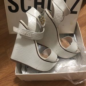 Schutz White Crocodile Wedges